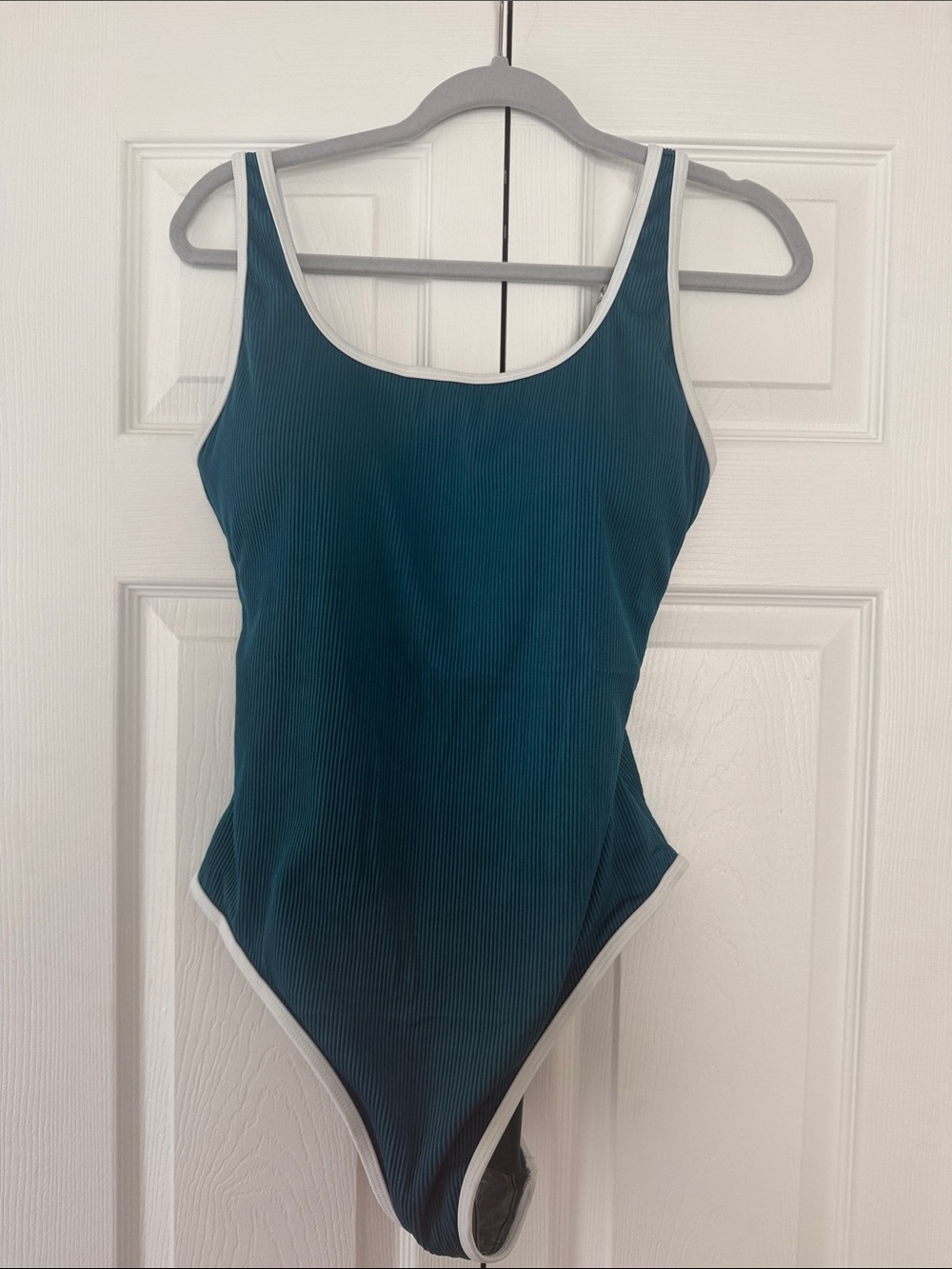 Classic Teal Ribbed One-Piece Swimsuit with White Trim